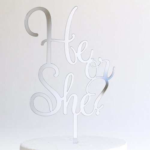He or She Cake Topper in Silver Mirror