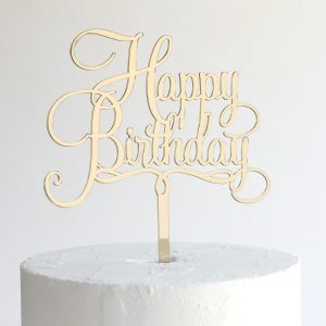 Small Happy Birthday Cake Topper in Gold Mirror