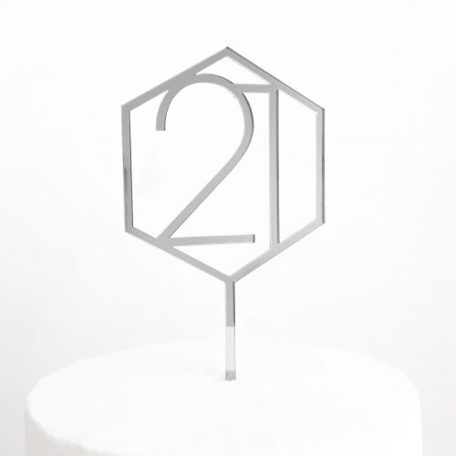 Number 21 Hexagon Cake Topper in Silver Mirror