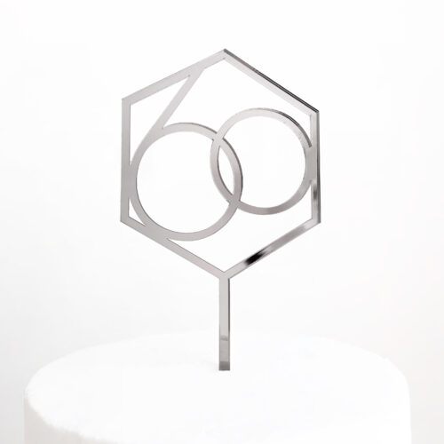 Number 60 Hexagon Cake Topper in Silver Mirror