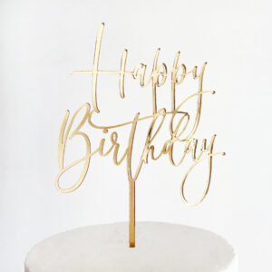 Large Lovely Happy Birthday Cake Topper in Gold Mirror