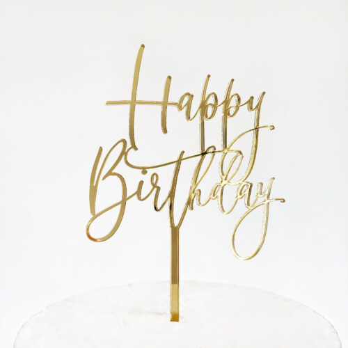 Small Lovely Happy Birthday Cake Topper in Gold Mirror