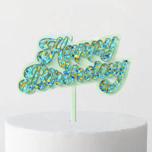 Groovy Happy Birthday Cake Topper in Aqua Confetti and Mild Wasabi
