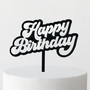 Groovy Happy Birthday Cake Topper in White and Black