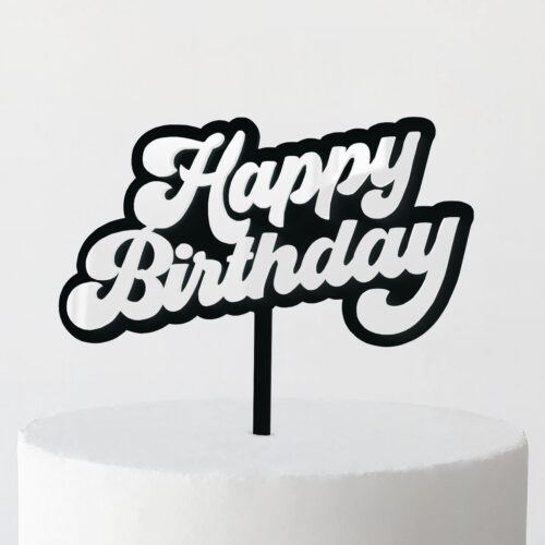 Groovy Happy Birthday Cake Topper in White and Black
