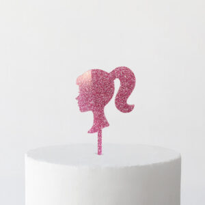 Girl with Ponytail Silhouette Cake Topper in Sparkly Pink
