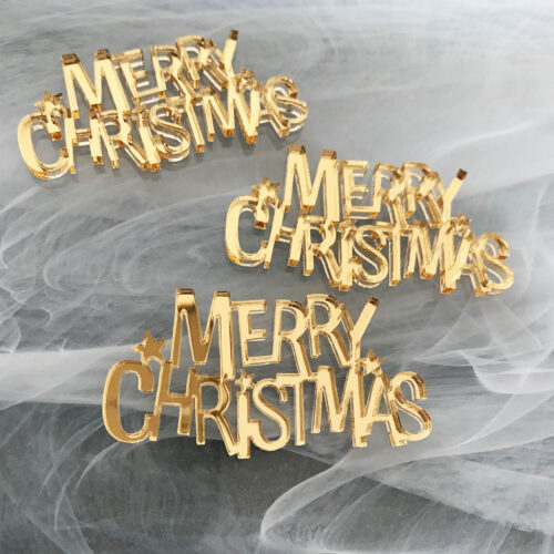 Fun Merry Christmas Cake Charms in gold mirror acrylic for cake and cupcake decoration